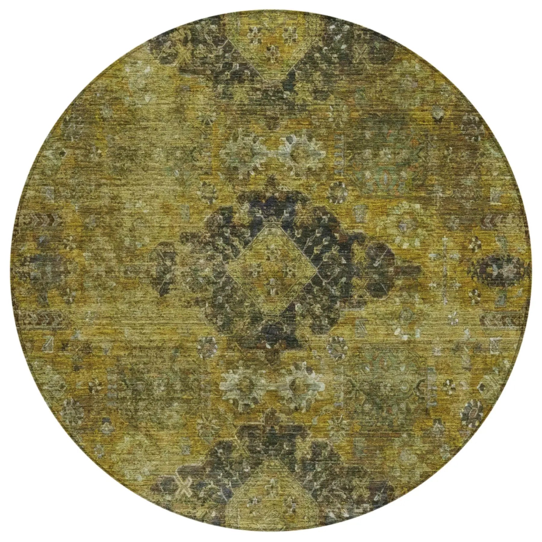 8' Gold And Walnut Round Oriental Washable Indoor Outdoor Area Rug Homeroots Outdoor