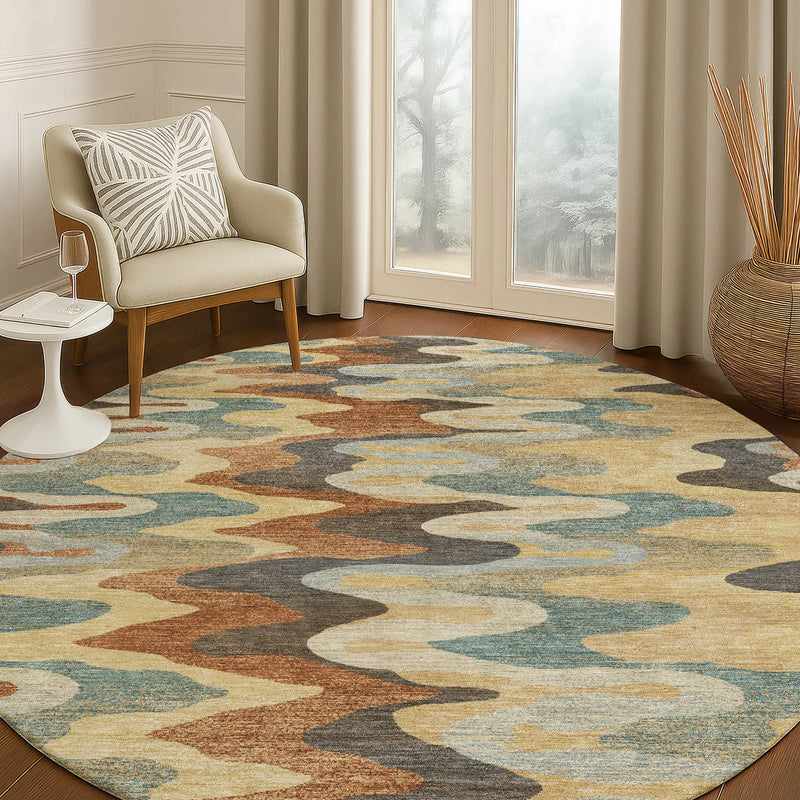 8' Gold And Wheat Round Abstract Washable Indoor Outdoor Area Rug Homeroots Outdoor