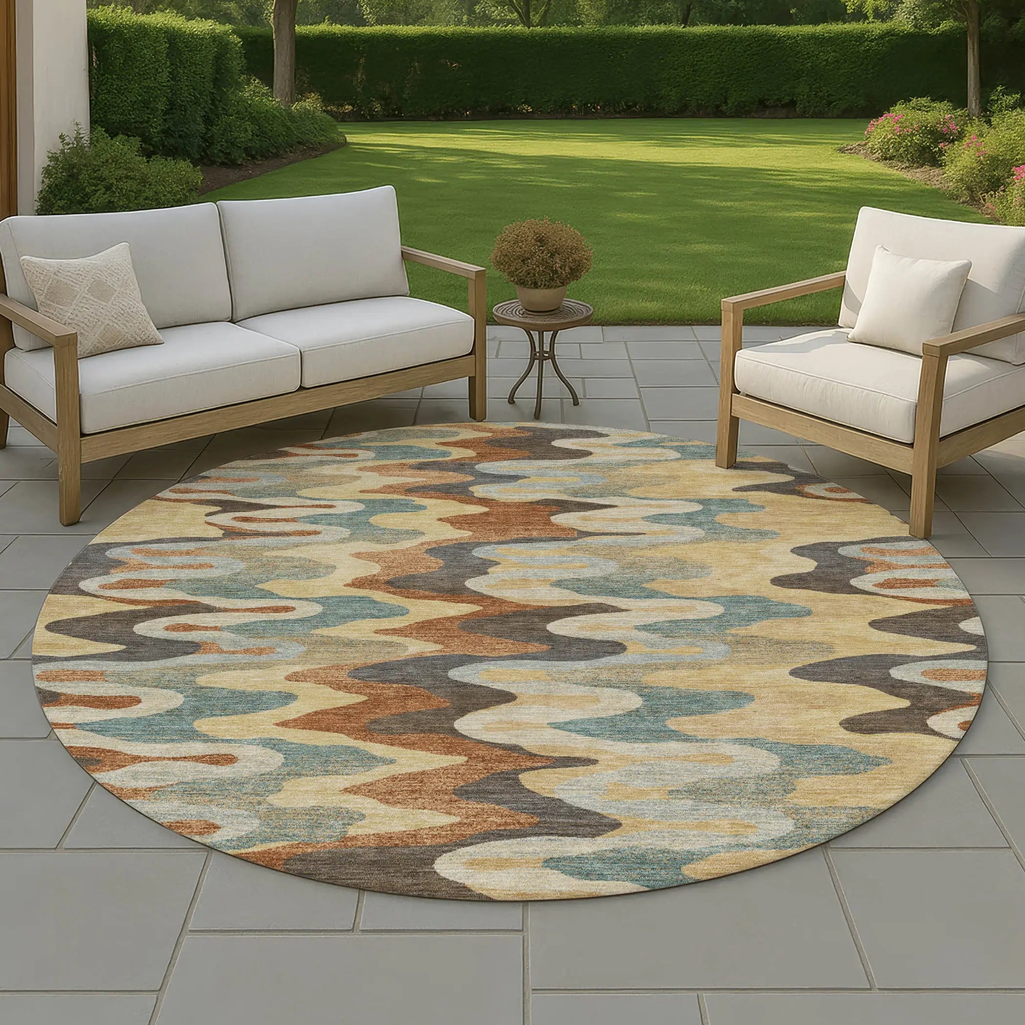 8' Gold And Wheat Round Abstract Washable Indoor Outdoor Area Rug Homeroots Outdoor