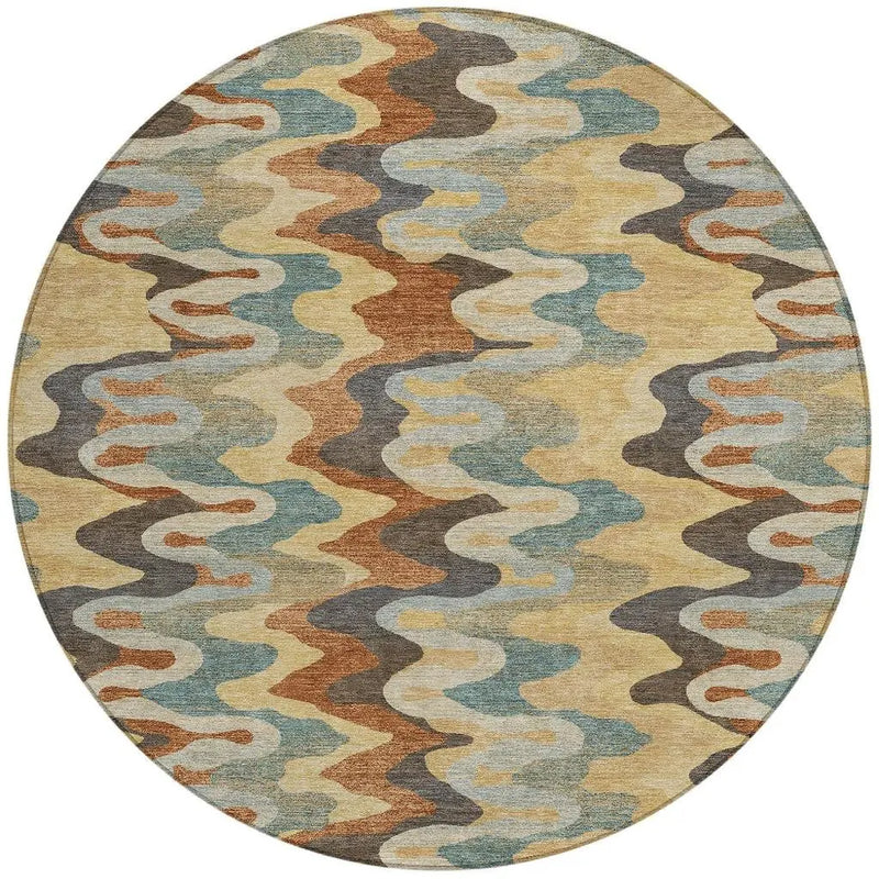 8' Gold And Wheat Round Abstract Washable Indoor Outdoor Area Rug Homeroots Outdoor