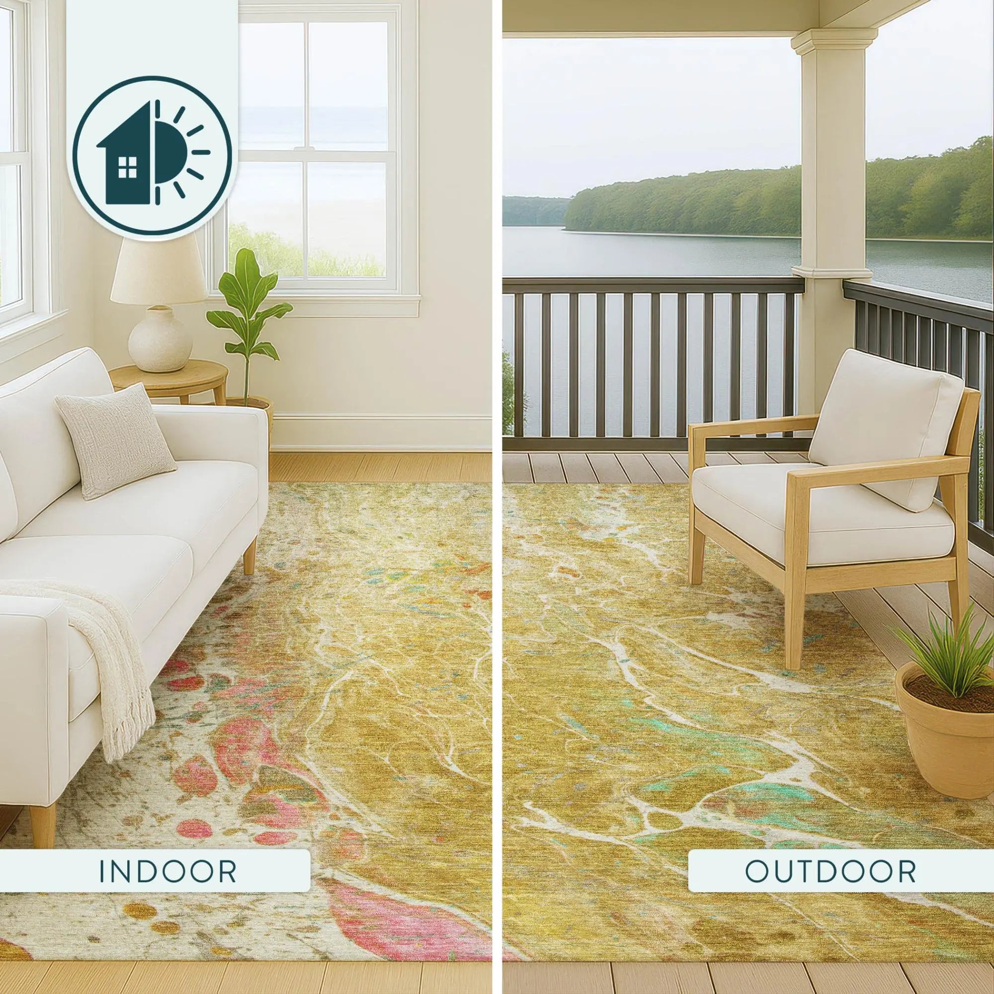 8' Gold And Wheat Round Abstract Washable Indoor Outdoor Area Rug Homeroots Outdoor