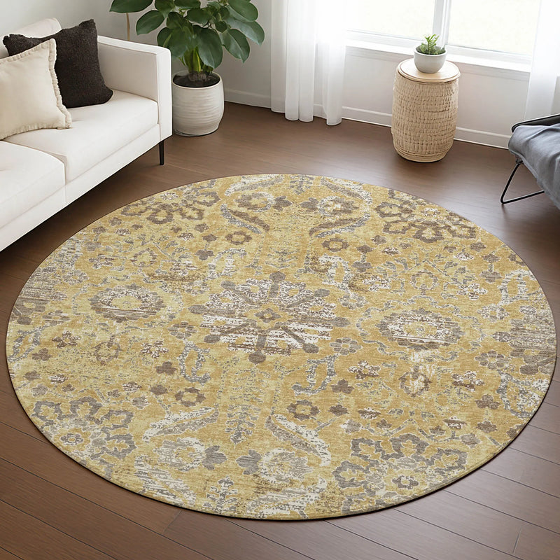 8' Gold And Wheat Round Damask Washable Indoor Outdoor Area Rug Homeroots Outdoor