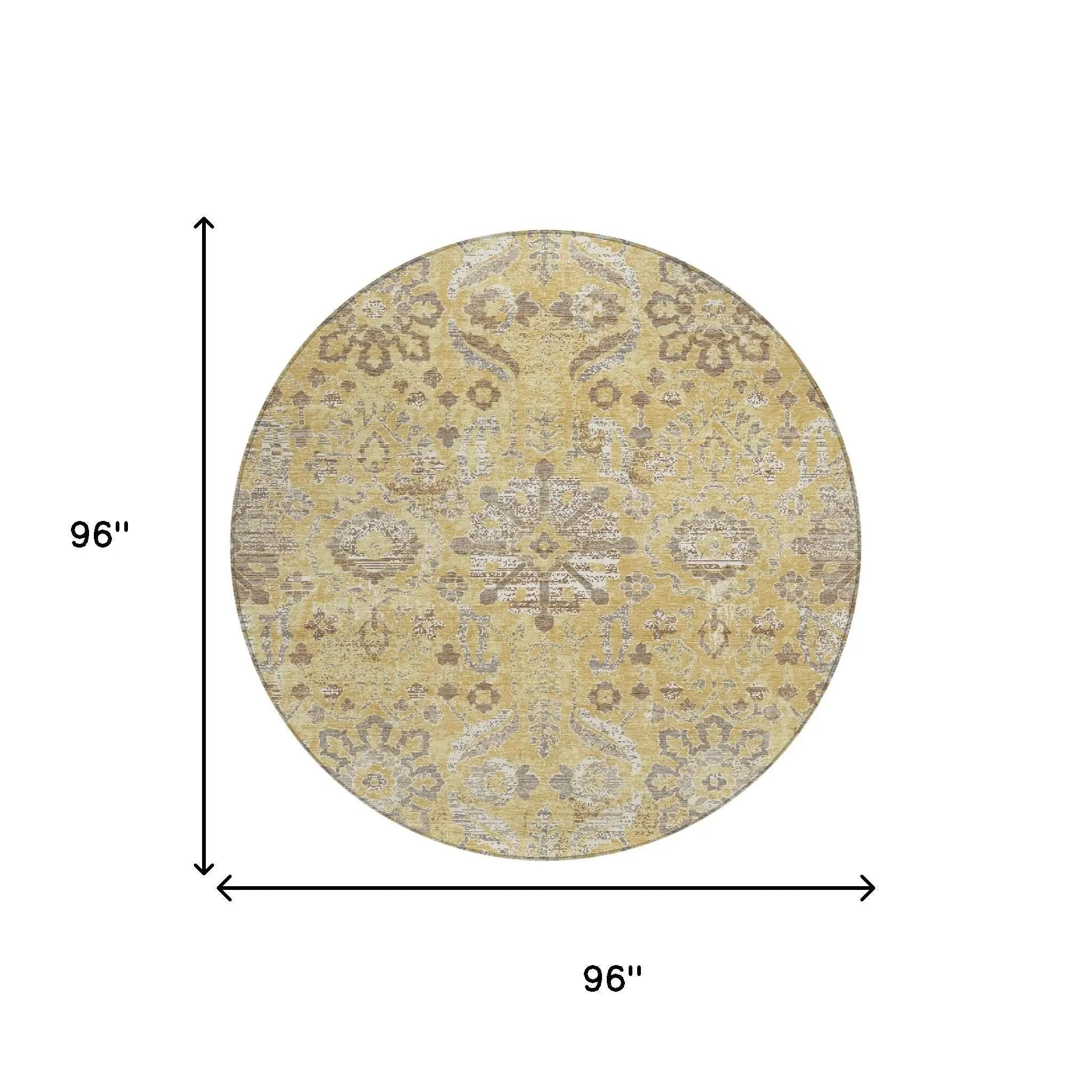 8' Gold And Wheat Round Damask Washable Indoor Outdoor Area Rug Homeroots Outdoor