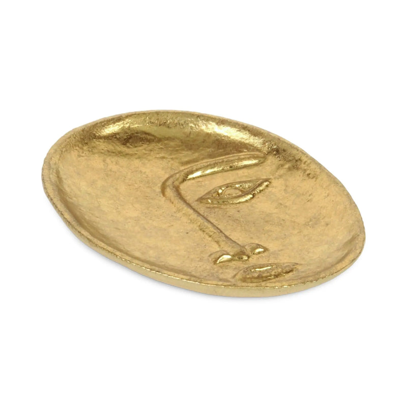 8" Gold Cast Iron Mod Abstract Face Oval Trinket Tray - GreatEagleInc