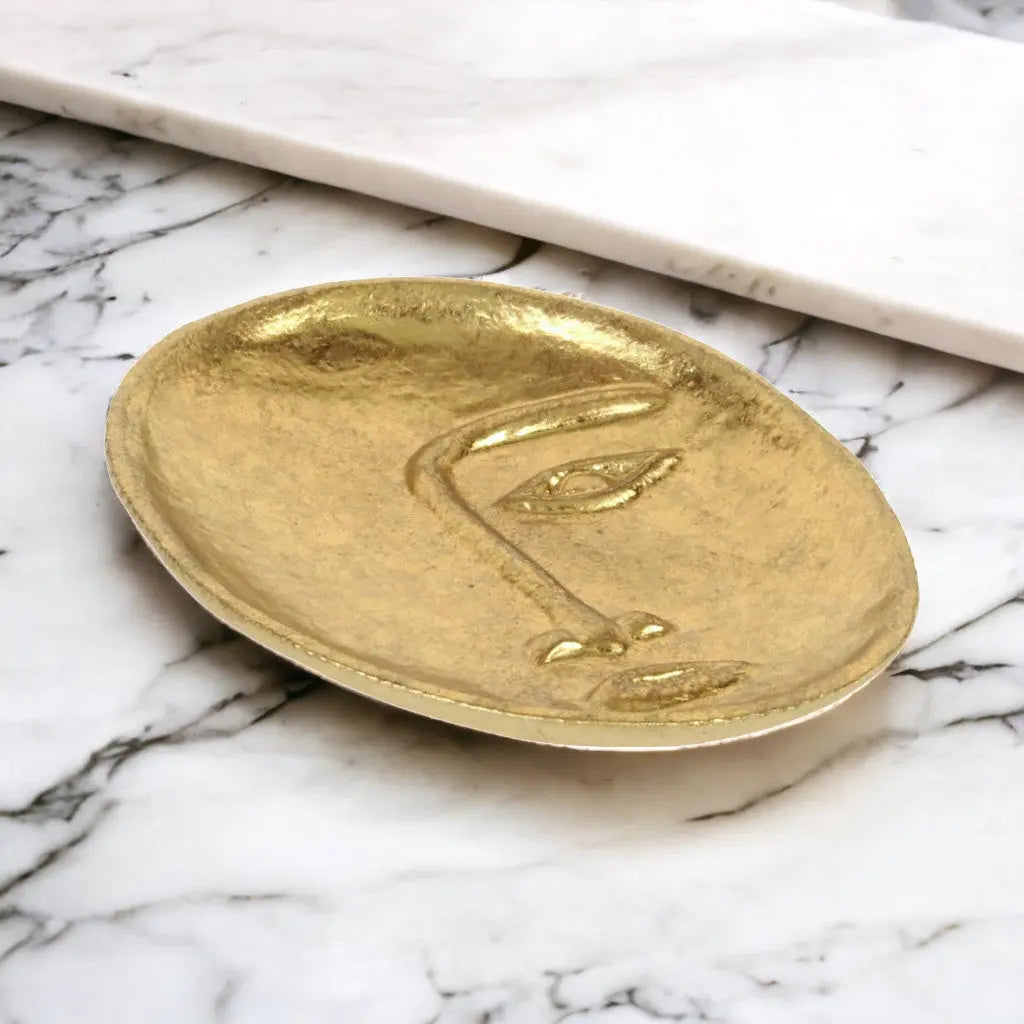 8" Gold Cast Iron Mod Abstract Face Oval Trinket Tray - GreatEagleInc