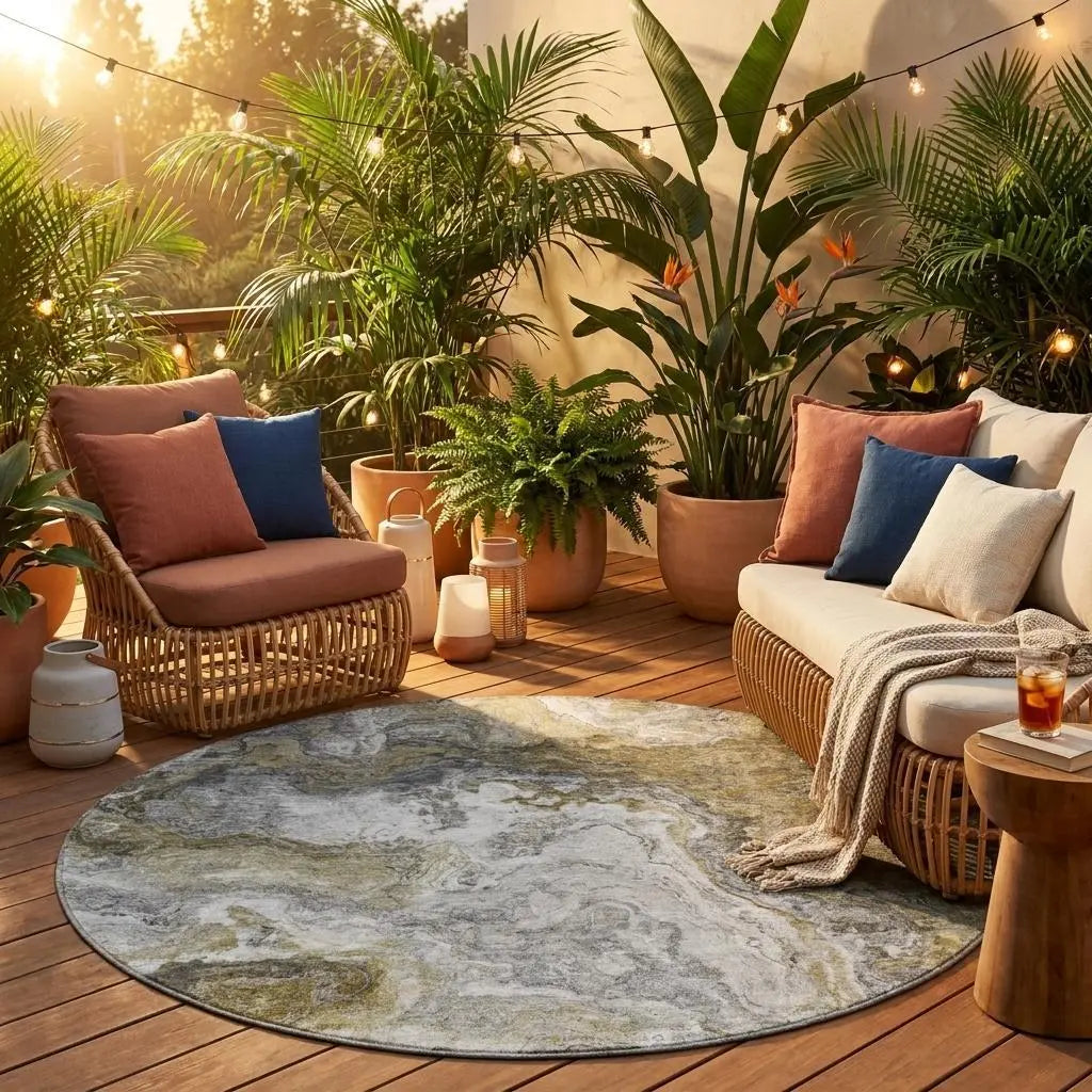 8' Granite Gray And Gray Round Abstract Washable Indoor Outdoor Area Rug Homeroots Outdoor