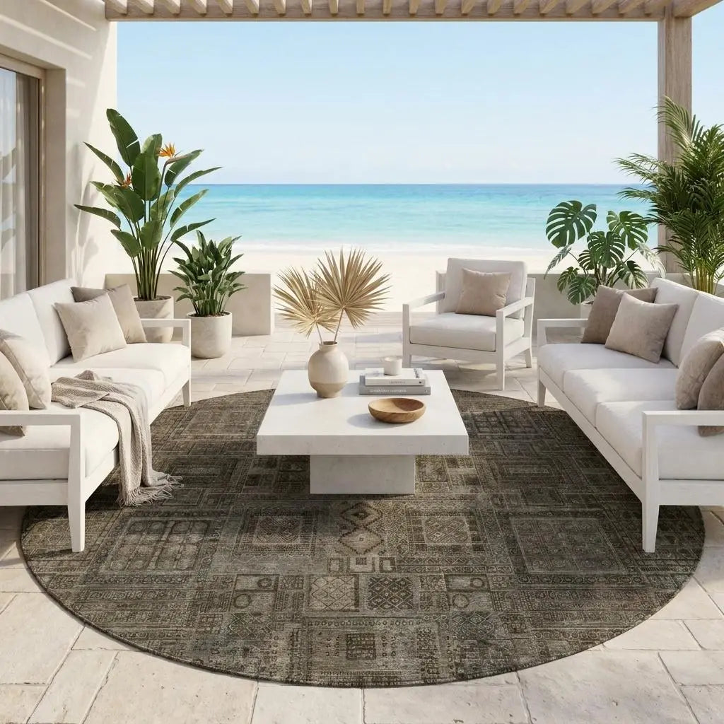 8' Granite Gray And Gray Round Oriental Washable Indoor Outdoor Area Rug Homeroots Outdoor