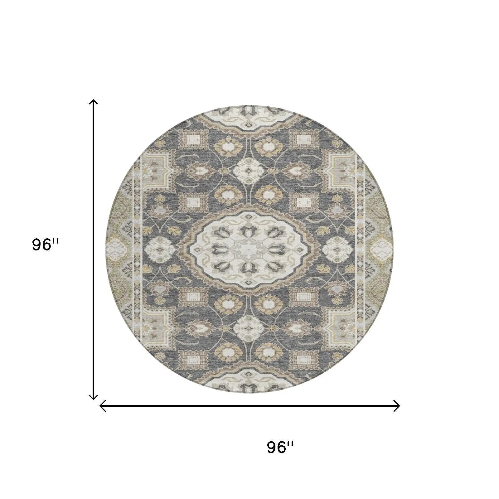 8' Graphite And Gray Round Floral Medallion Washable Indoor Outdoor Area Rug Homeroots Outdoor