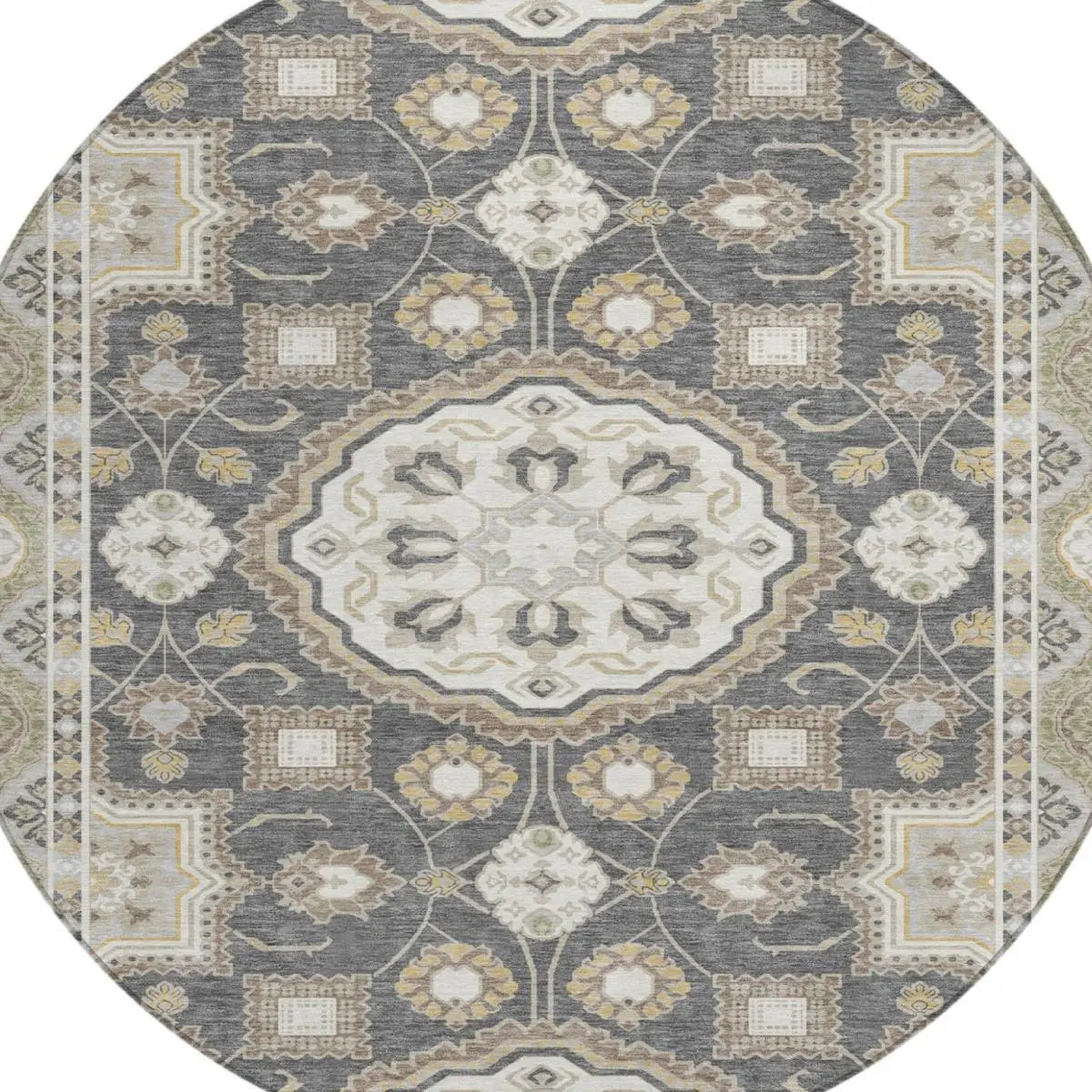 8' Graphite And Gray Round Floral Medallion Washable Indoor Outdoor Area Rug Homeroots Outdoor