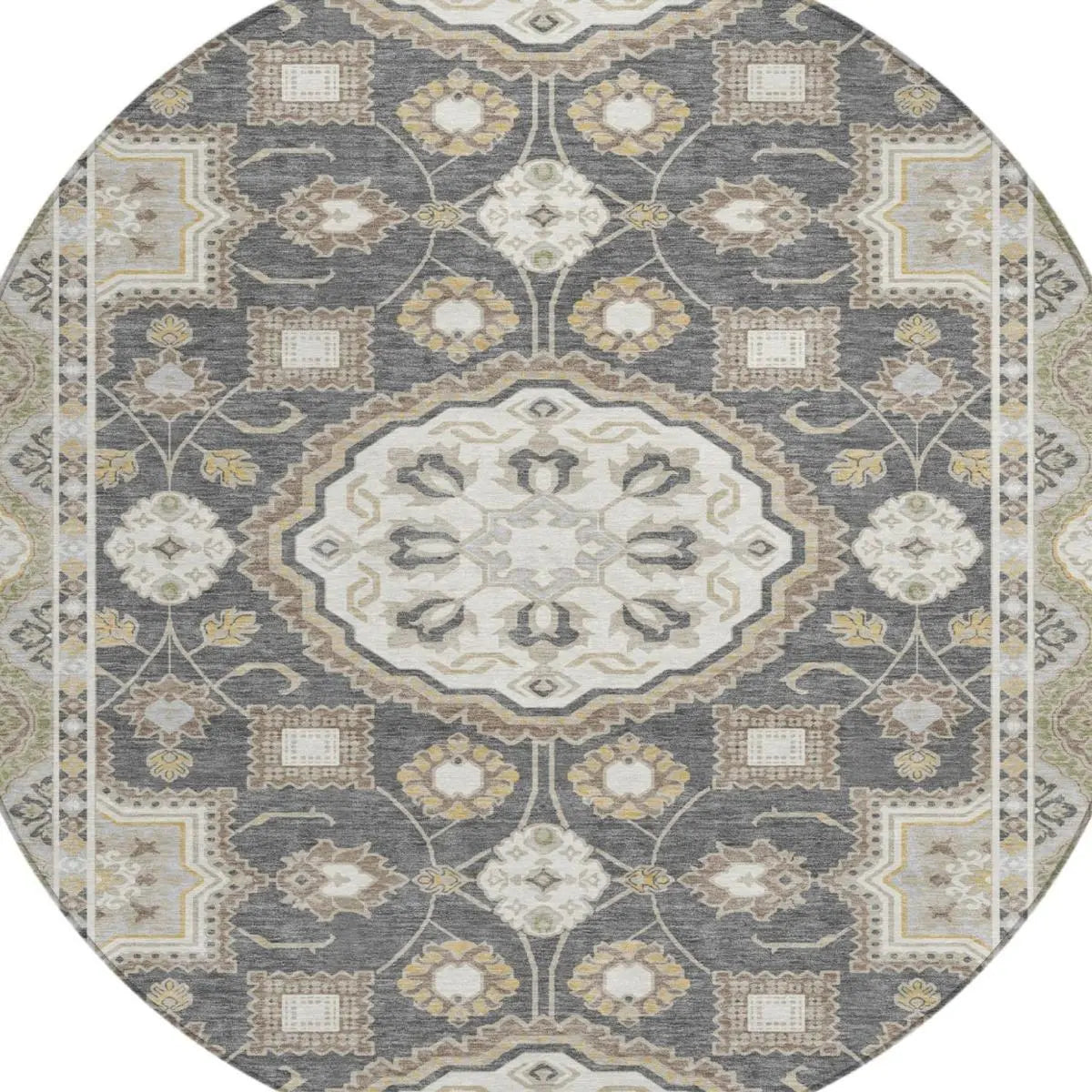 8' Graphite And Gray Round Floral Medallion Washable Indoor Outdoor Area Rug Homeroots Outdoor