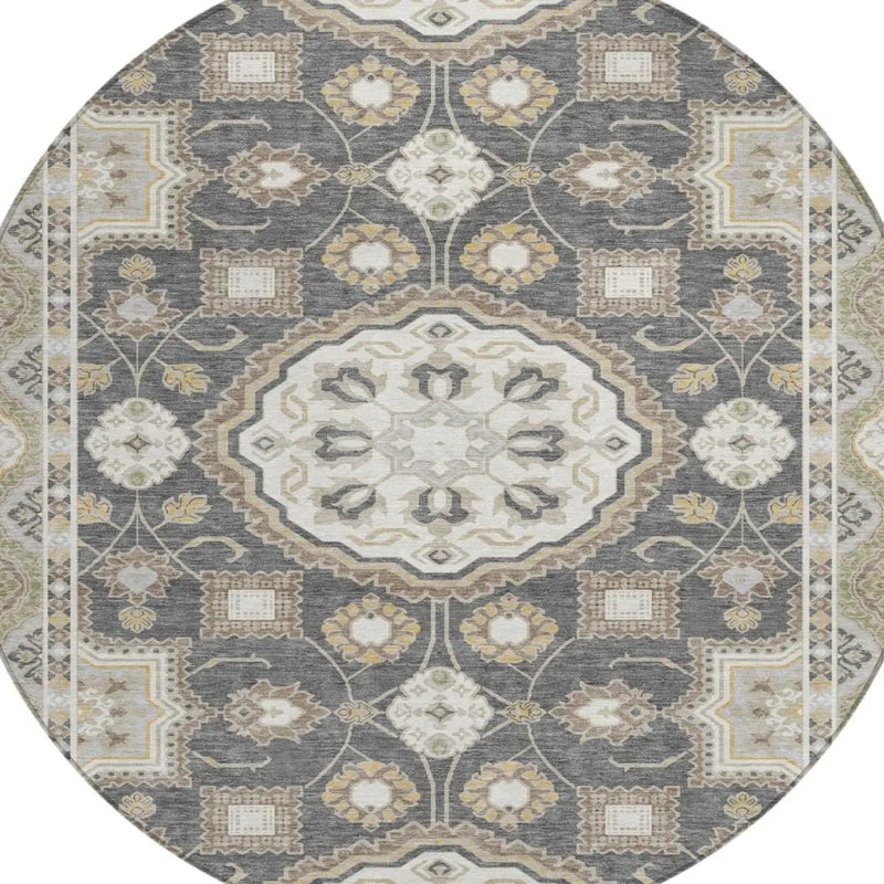 8' Graphite And Gray Round Floral Medallion Washable Indoor Outdoor Area Rug Homeroots Outdoor