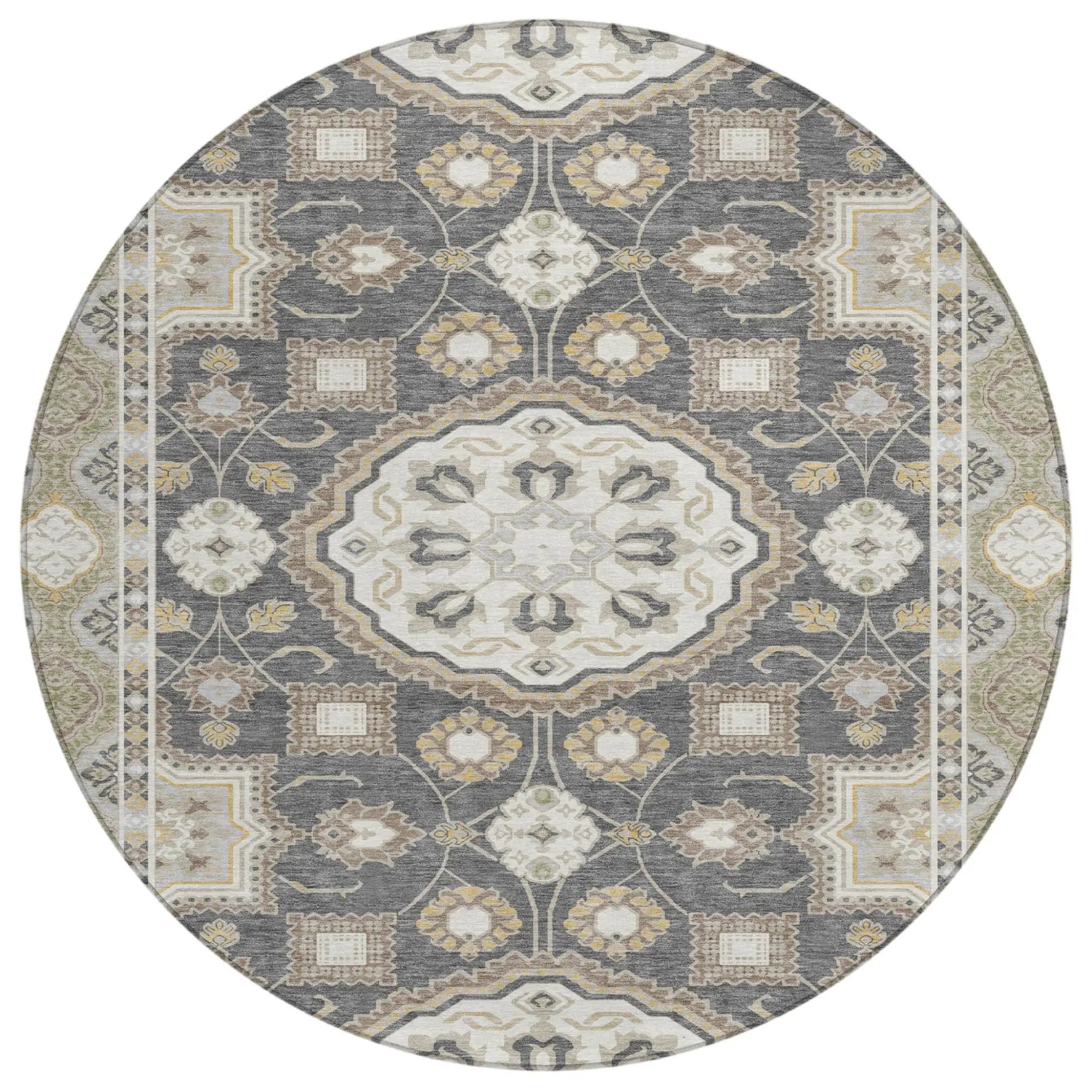 8' Graphite And Gray Round Floral Medallion Washable Indoor Outdoor Area Rug Homeroots Outdoor