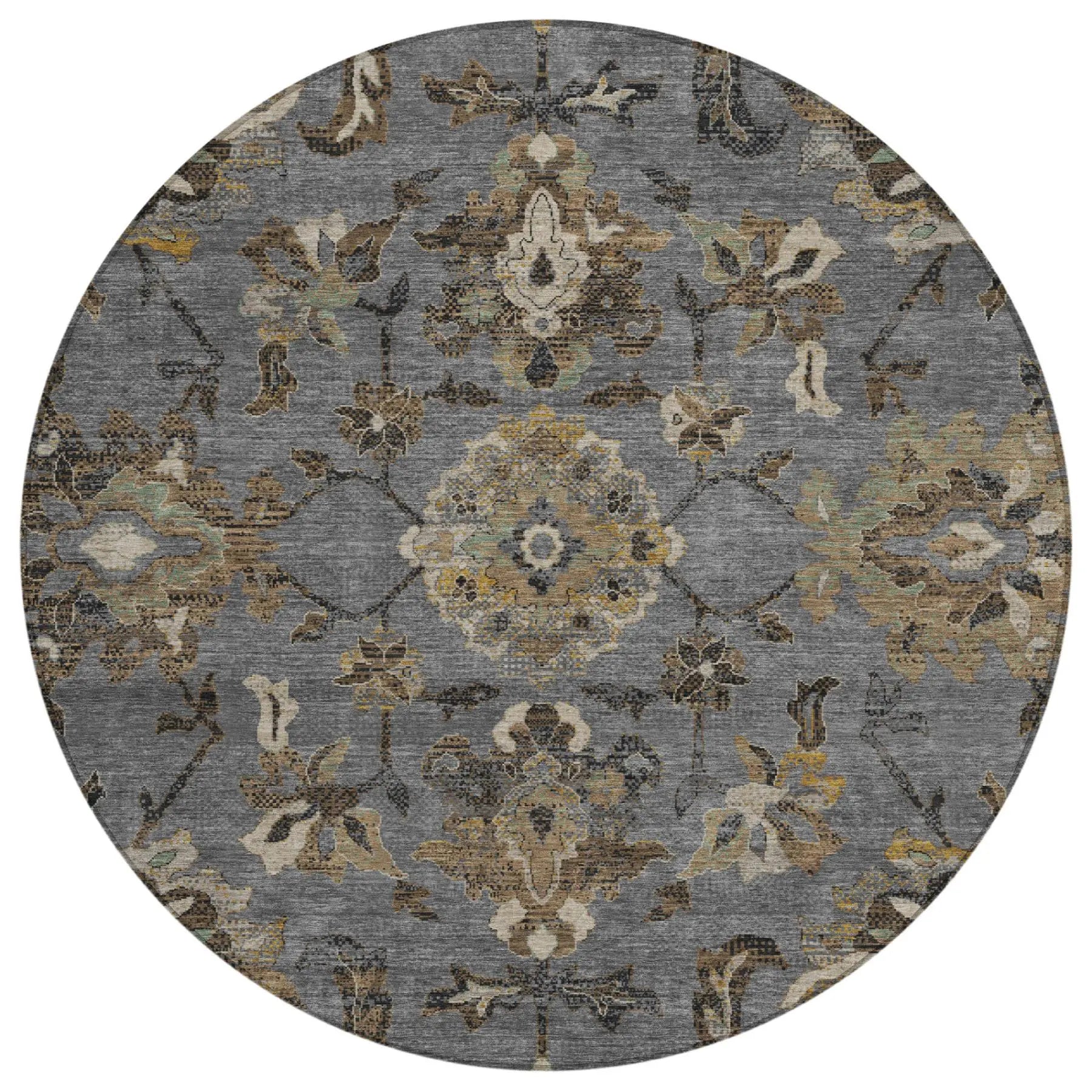 8' Graphite And Gray Round Floral Medallion Washable Indoor Outdoor Area Rug Homeroots Outdoor