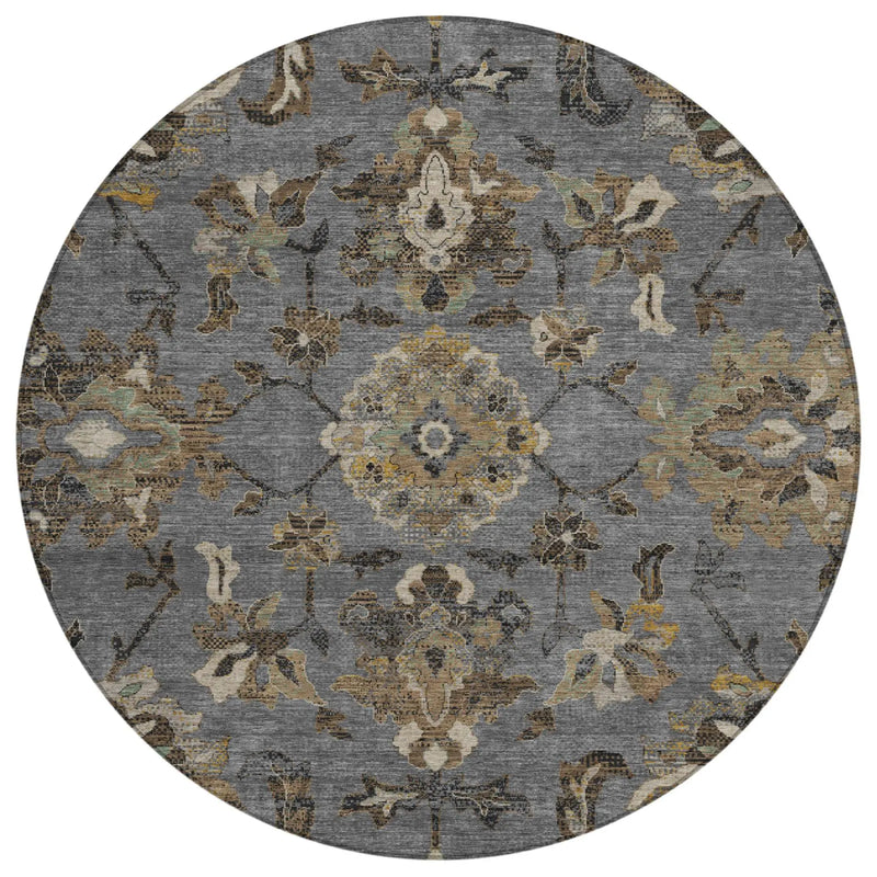 8' Graphite And Gray Round Floral Medallion Washable Indoor Outdoor Area Rug Homeroots Outdoor