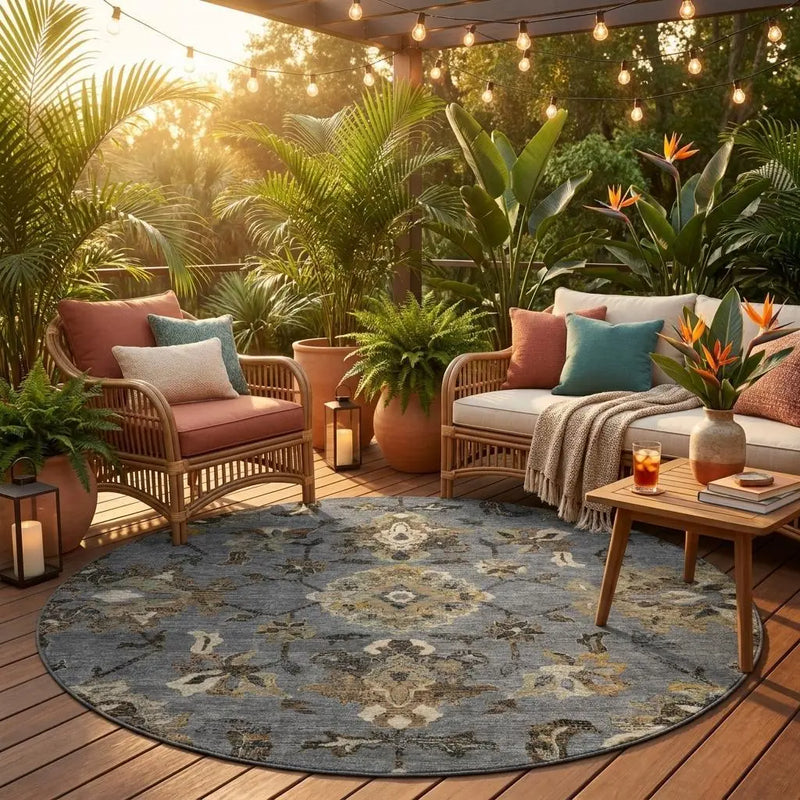 8' Graphite And Gray Round Floral Medallion Washable Indoor Outdoor Area Rug Homeroots Outdoor