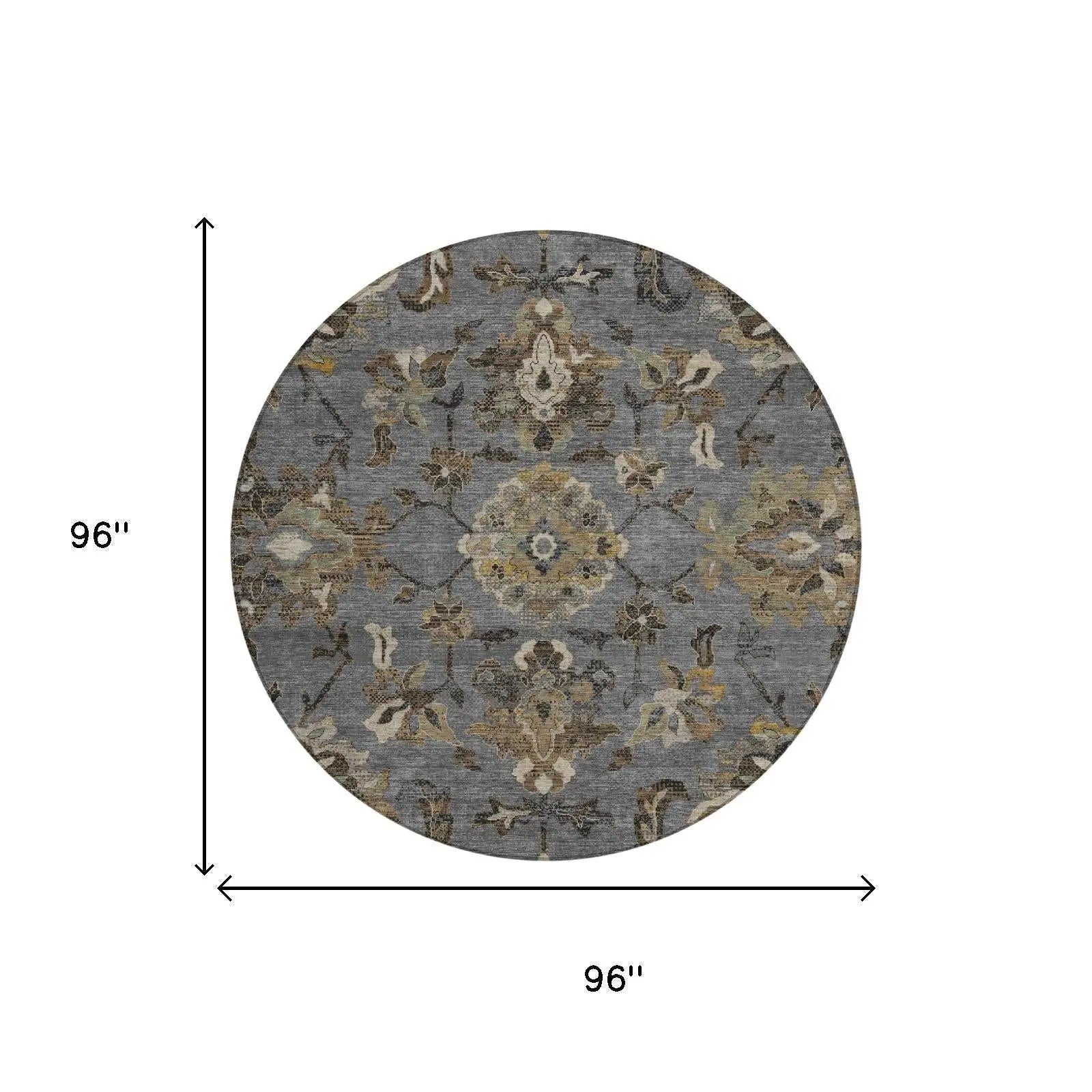 8' Graphite And Gray Round Floral Medallion Washable Indoor Outdoor Area Rug Homeroots Outdoor