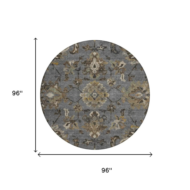 8' Graphite And Gray Round Floral Medallion Washable Indoor Outdoor Area Rug Homeroots Outdoor