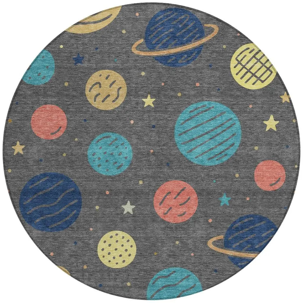 8' Graphite And Gray Round Floral Washable Indoor Outdoor Area Rug Homeroots Outdoor