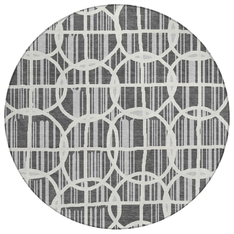 8' Graphite And Gray Round Geometric Washable Indoor Outdoor Area Rug Homeroots Outdoor