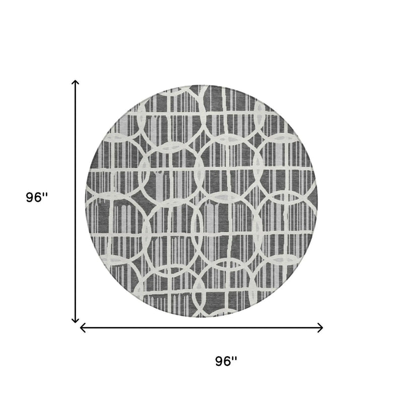 8' Graphite And Gray Round Geometric Washable Indoor Outdoor Area Rug Homeroots Outdoor