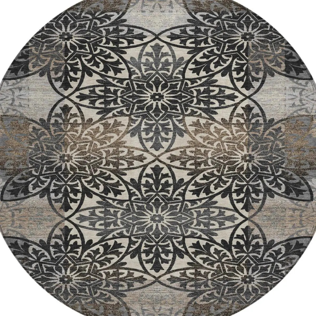 8' Graphite And Gray Round Oriental Washable Indoor Outdoor Area Rug Homeroots Outdoor