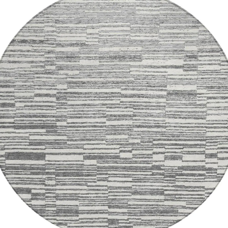 8' Graphite And Gray Round Striped Washable Indoor Outdoor Area Rug Homeroots Outdoor