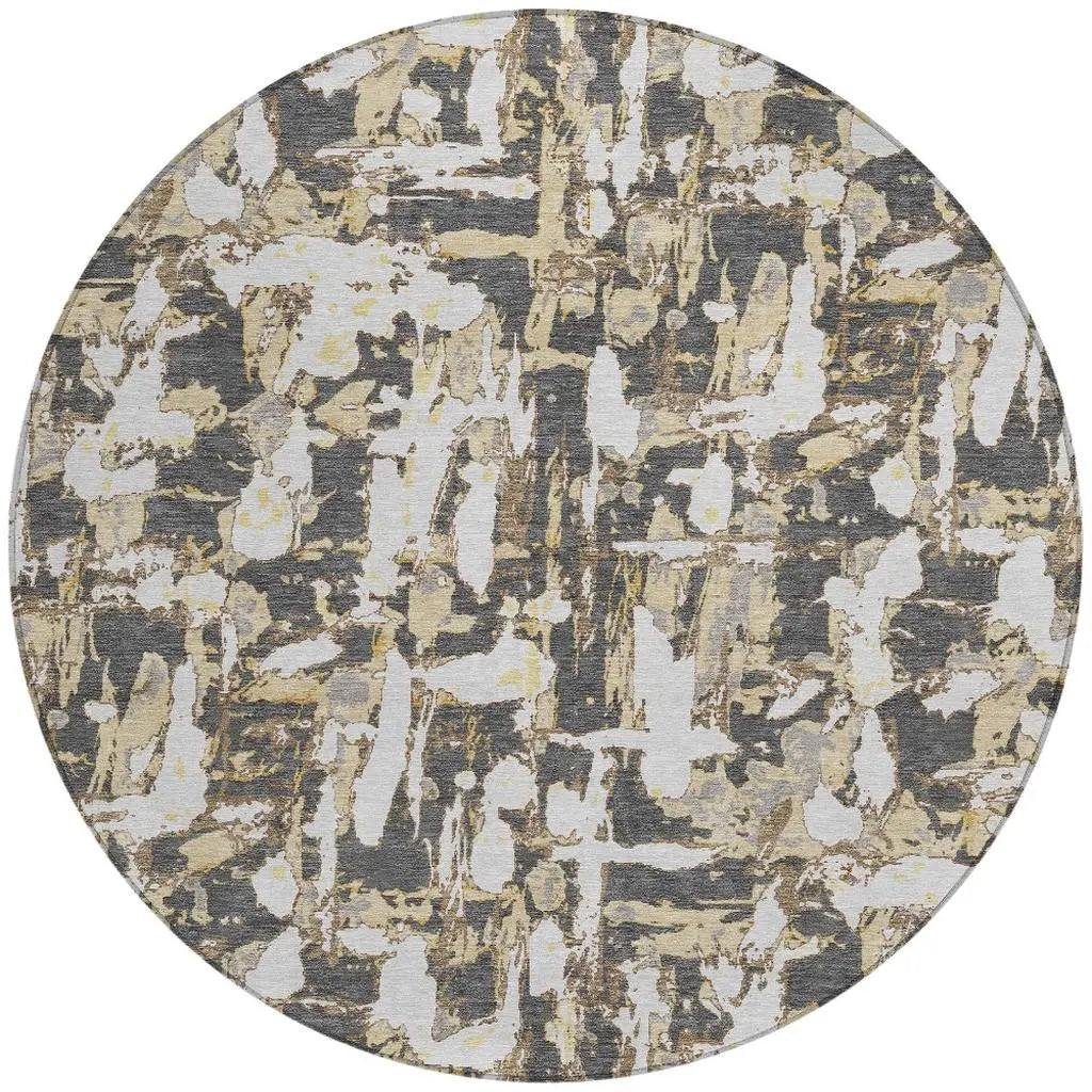8' Graphite And Ivory Round Abstract Washable Indoor Outdoor Area Rug Homeroots Outdoor