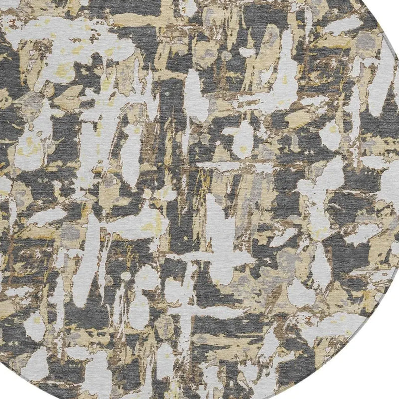 8' Graphite And Ivory Round Abstract Washable Indoor Outdoor Area Rug Homeroots Outdoor