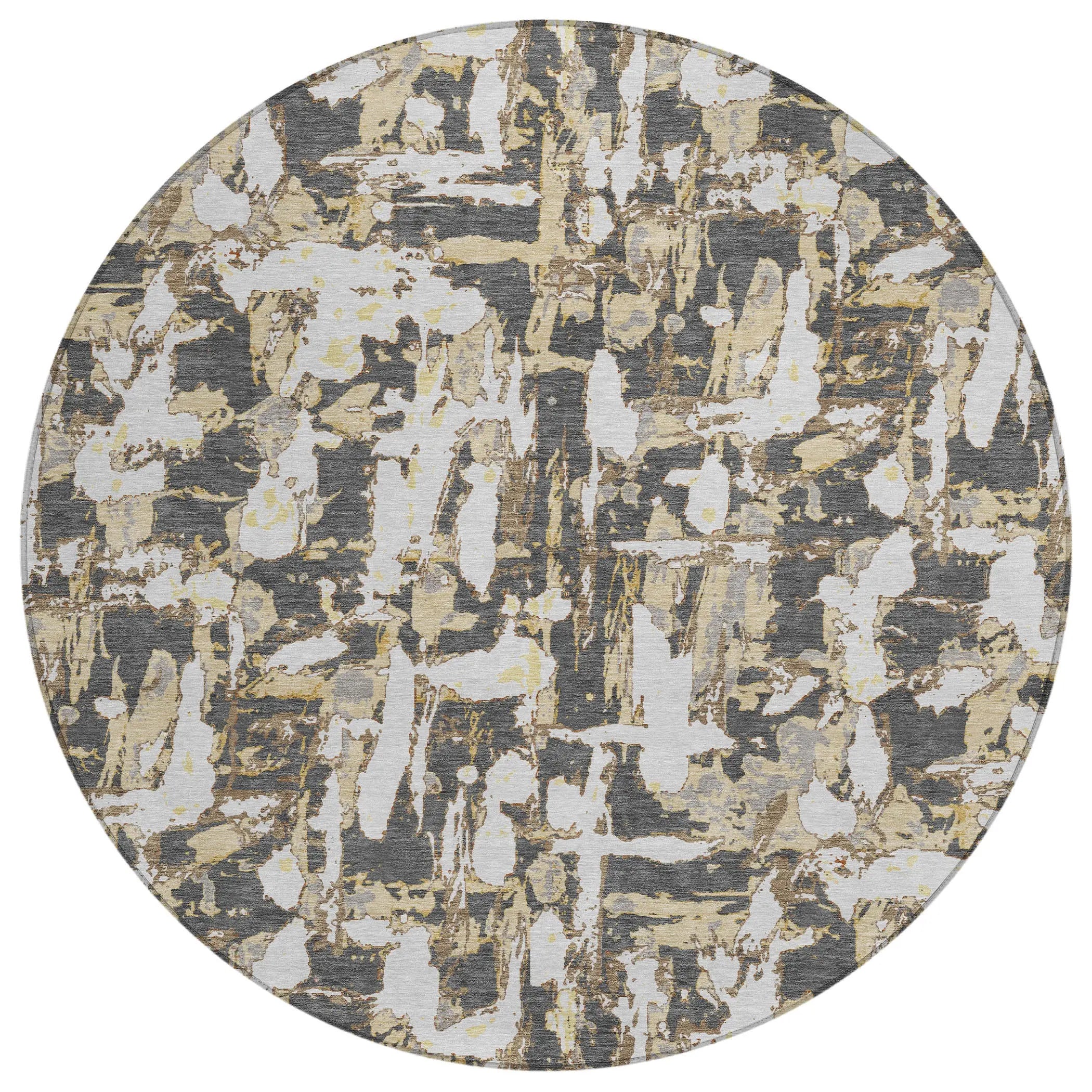 8' Graphite And Ivory Round Abstract Washable Indoor Outdoor Area Rug Homeroots Outdoor