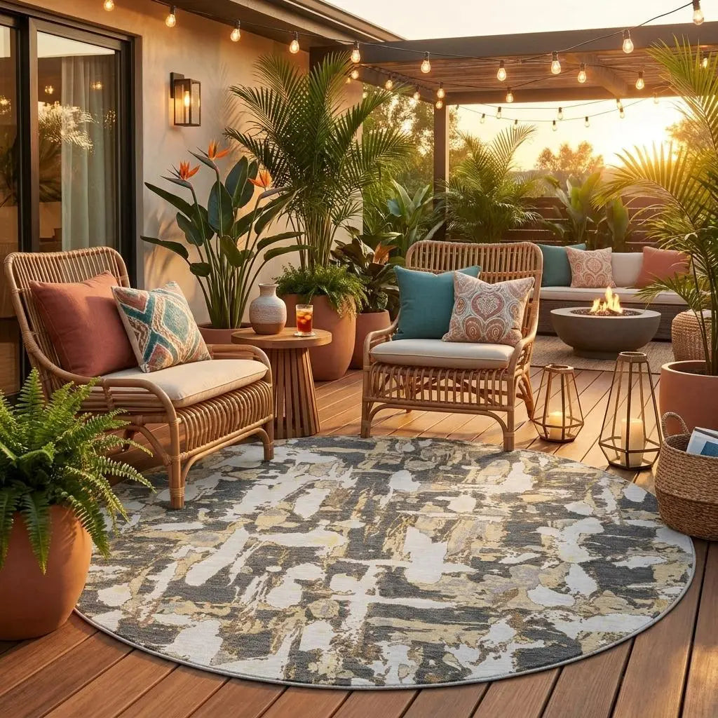 8' Graphite And Ivory Round Abstract Washable Indoor Outdoor Area Rug Homeroots Outdoor