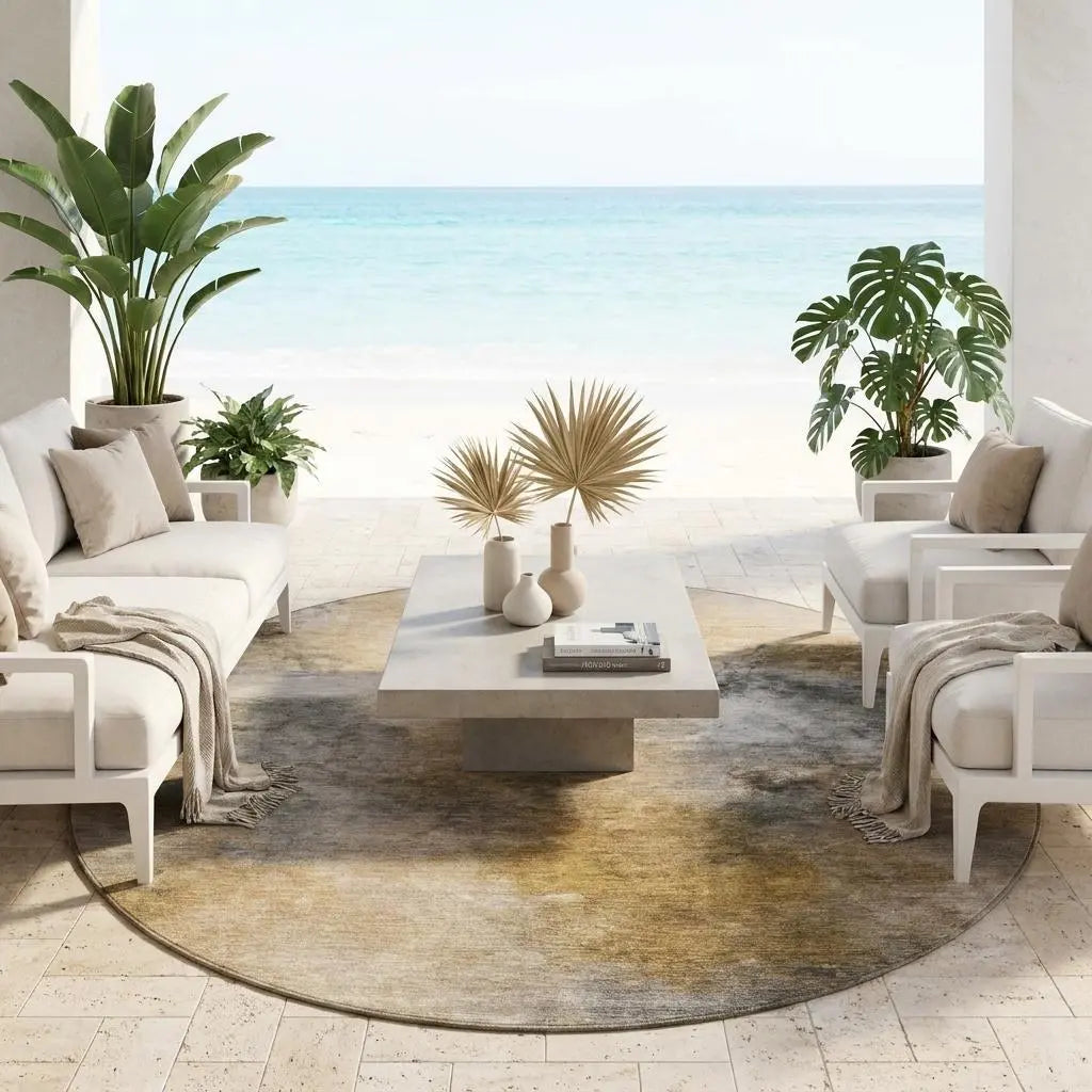 8' Gray And Beige Round Abstract Washable Indoor Outdoor Area Rug Homeroots Outdoor