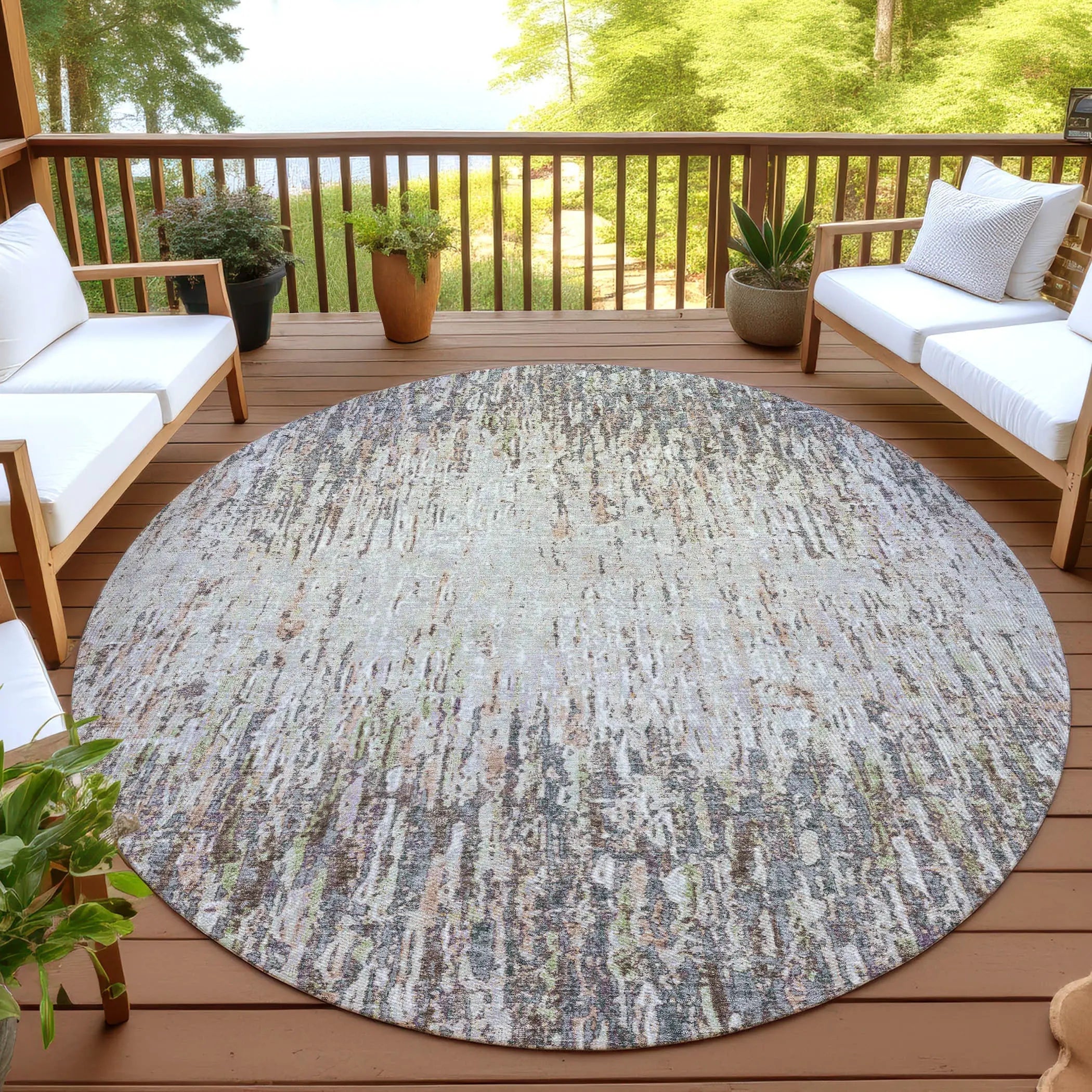 8' Gray And Beige Round Striped Washable Indoor Outdoor Area Rug Homeroots Outdoor