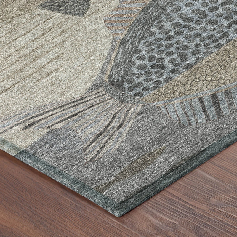 8' Gray And Beige Round Tropical Fish Washable Indoor Outdoor Area Rug Homeroots Outdoor