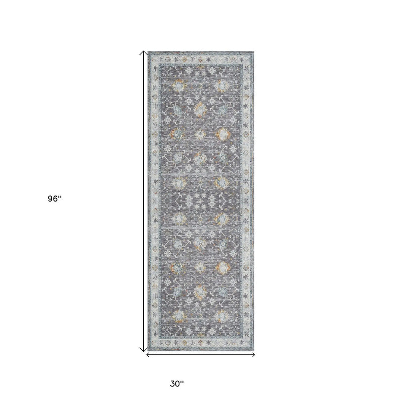 8' Gray And Blue Floral Distressed Runner Rug Homeroots Home Decor