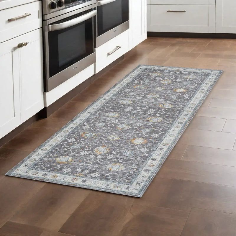 8' Gray And Blue Floral Distressed Runner Rug Homeroots Home Decor