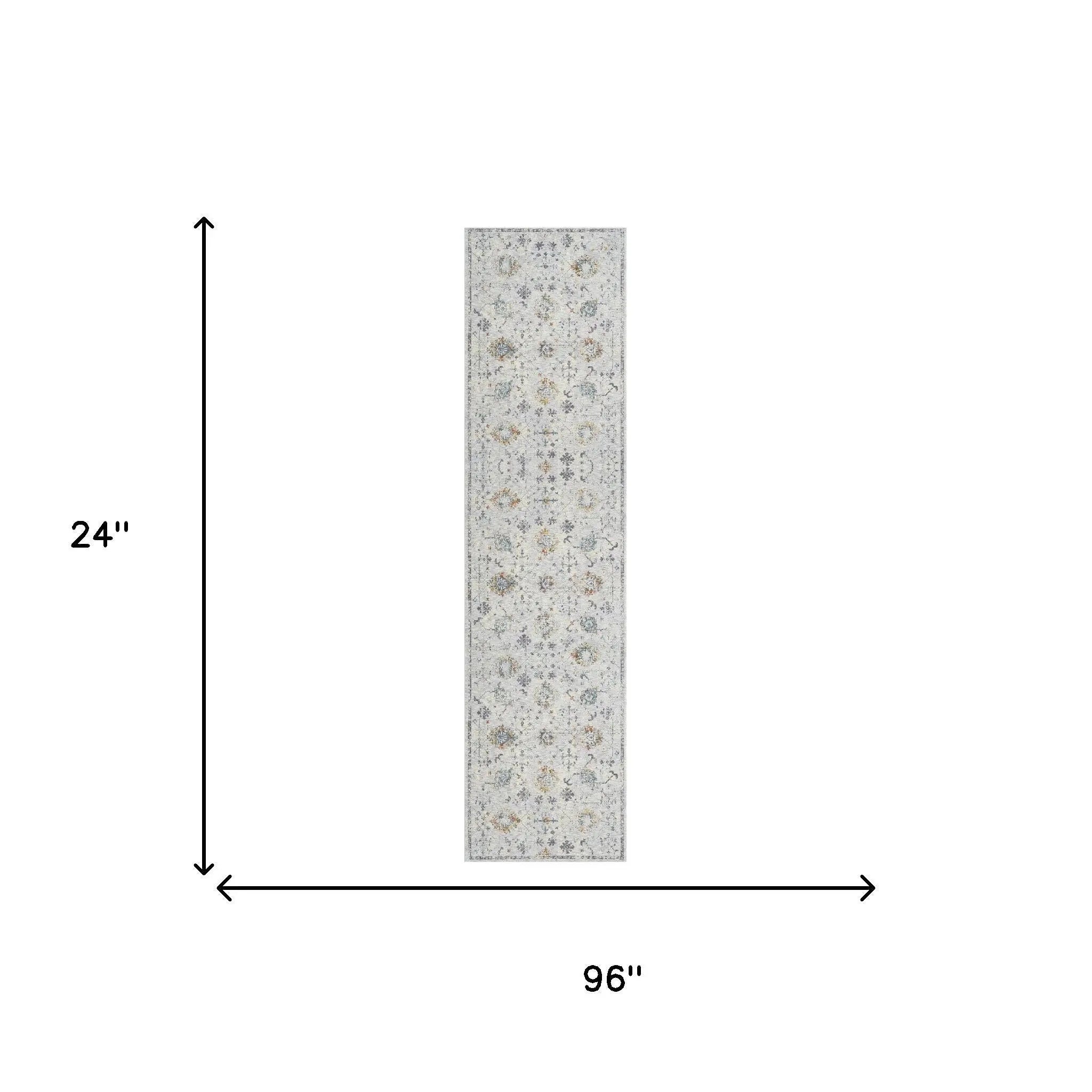 Light blue vintage-style runner rug with floral patterns, measuring 96" x 24", ideal for entryways or hallways.