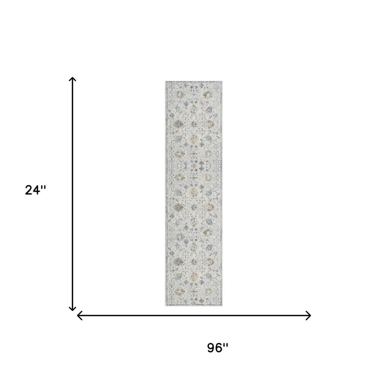 Light blue vintage-style runner rug with floral patterns, measuring 96" x 24", ideal for entryways or hallways.