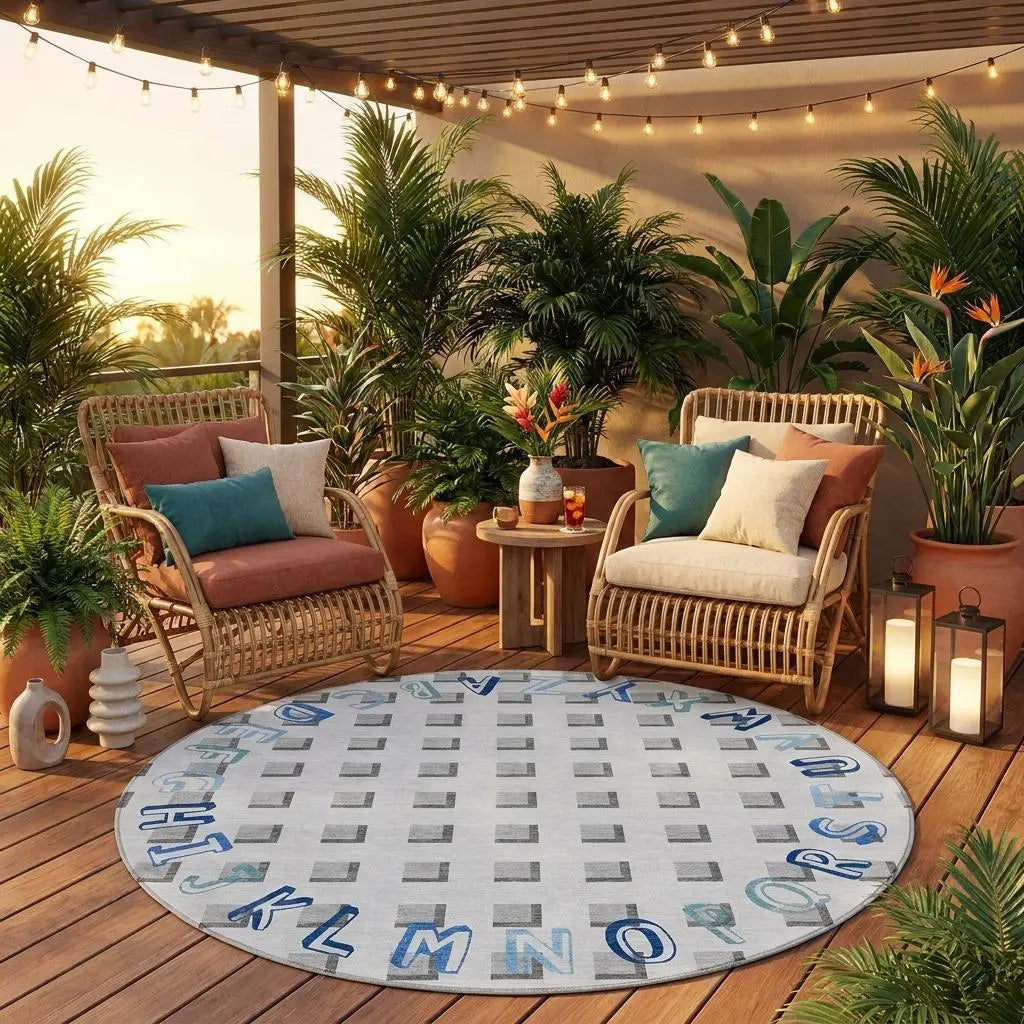 8' Gray And Blue Round Geometric Washable Indoor Outdoor Area Rug Homeroots Outdoor