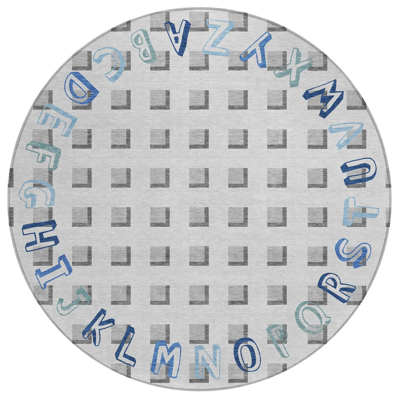 8' Gray And Blue Round Geometric Washable Indoor Outdoor Area Rug Homeroots Outdoor