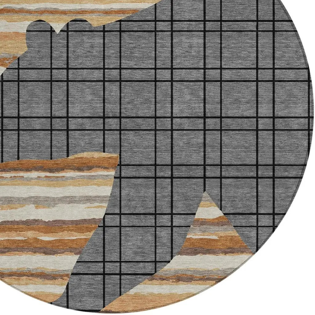 8' Gray And Brown Round Abstract Washable Indoor Outdoor Area Rug Homeroots Outdoor