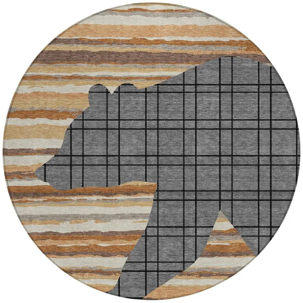 8' Gray And Brown Round Abstract Washable Indoor Outdoor Area Rug Homeroots Outdoor