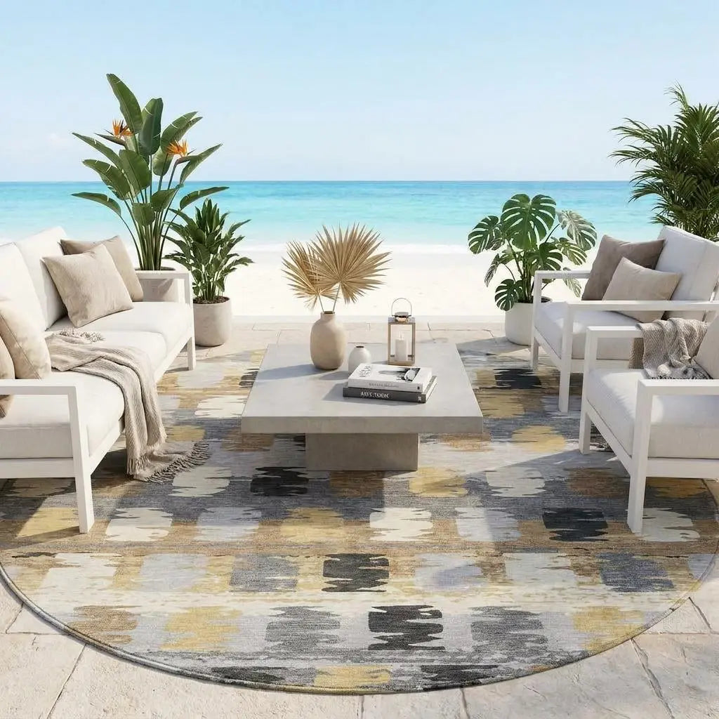 8' Gray And Brown Round Abstract Washable Indoor Outdoor Area Rug Homeroots Outdoor