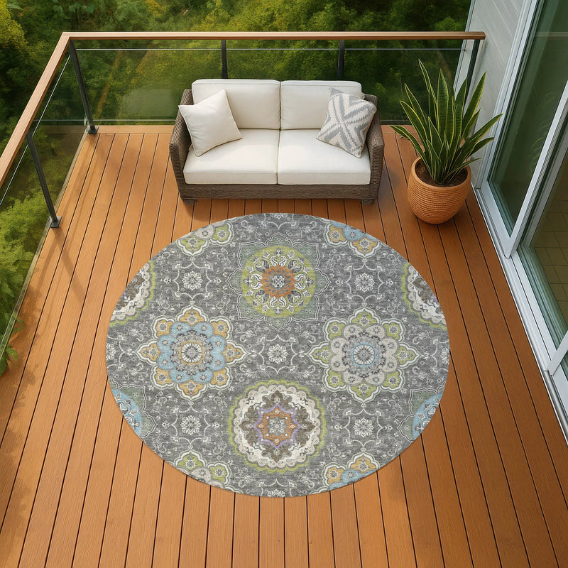 8' Gray And Brown Round Floral Medallion Washable Indoor Outdoor Area Rug Homeroots Outdoor