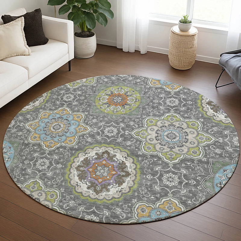8' Gray And Brown Round Floral Medallion Washable Indoor Outdoor Area Rug Homeroots Outdoor
