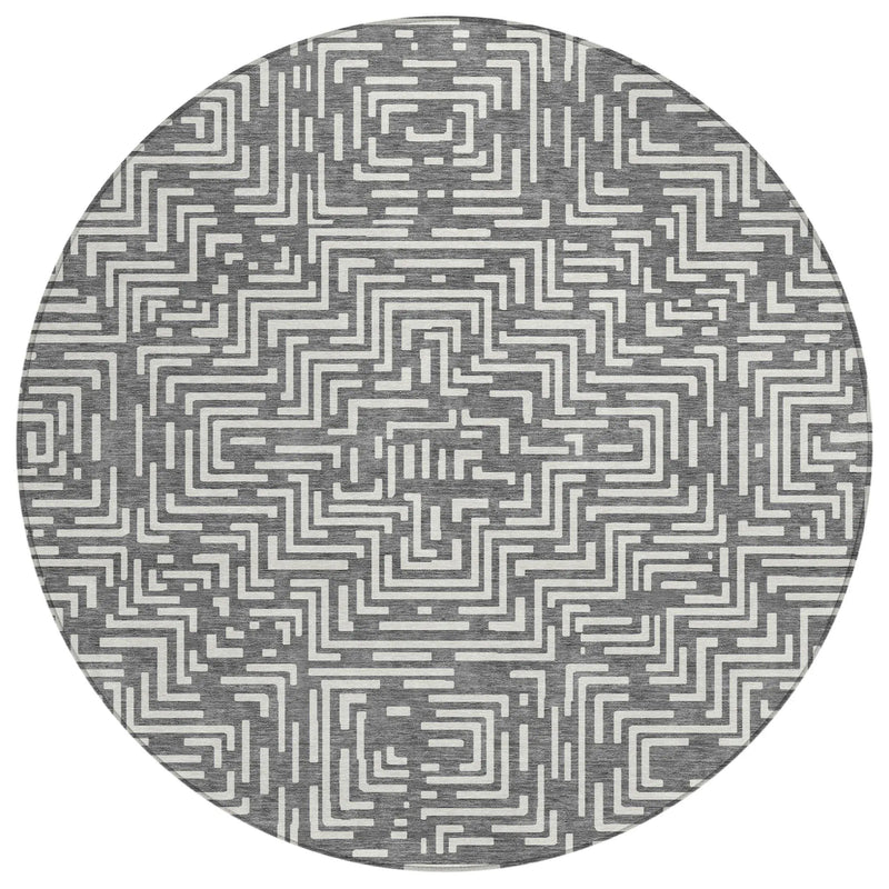 8' Gray And Brown Round Geometric Washable Indoor Outdoor Area Rug Homeroots Outdoor