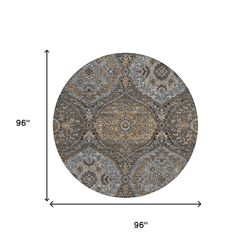 8' Gray And Brown Round Ogee Washable Indoor Outdoor Area Rug Homeroots Outdoor