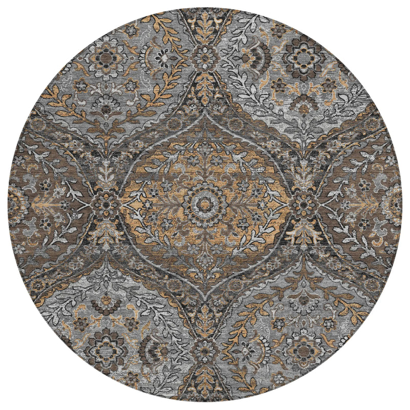 8' Gray And Brown Round Ogee Washable Indoor Outdoor Area Rug Homeroots Outdoor