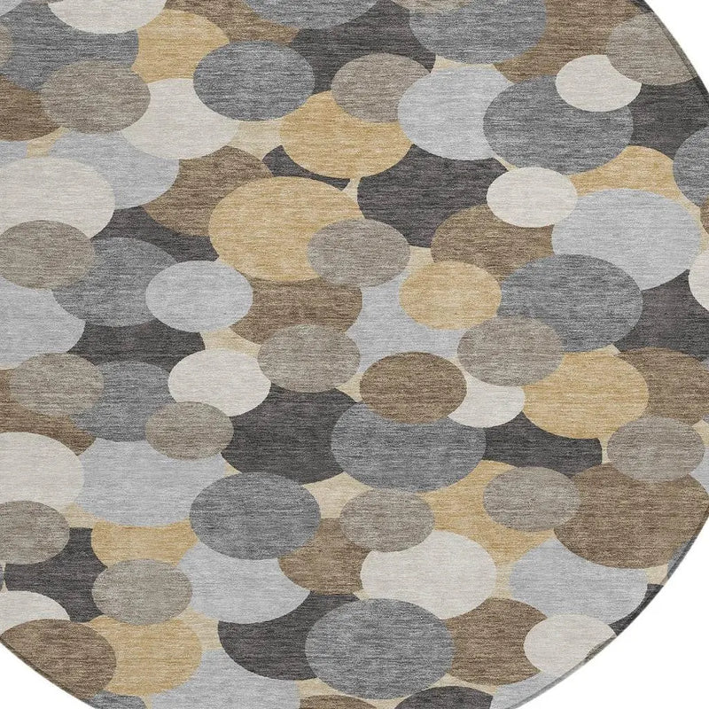 8' Gray And Chocolate Round Geometric Washable Indoor Outdoor Area Rug Homeroots Outdoor