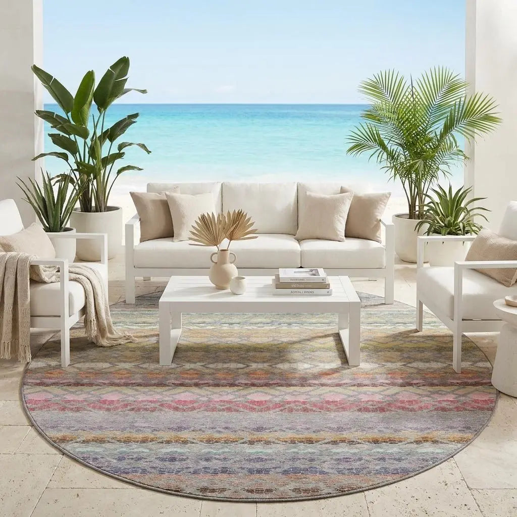 8' Gray And Chocolate Round Striped Washable Indoor Outdoor Area Rug Homeroots Outdoor