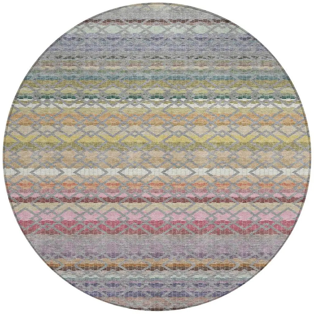 8' Gray And Chocolate Round Striped Washable Indoor Outdoor Area Rug Homeroots Outdoor